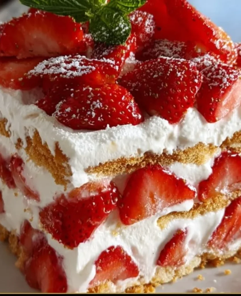 Delicious Strawberry Cream Cheese Icebox Cake served on a plate with fresh strawberries