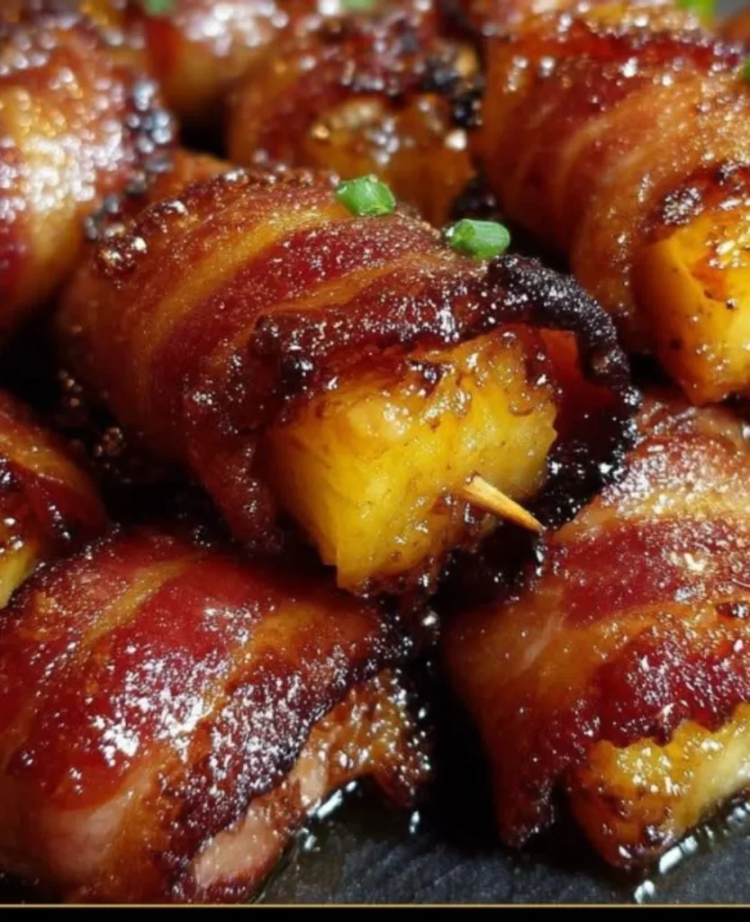 Delicious sweet and smoky bacon-wrapped pineapple bites on a platter